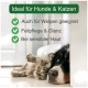 Ein Hund und eine Katze ruhen zusammen, mit dem Text, der besagt, dass das Produkt für empfindliche Haut sicher und ideal für Hunde und Katzen ist, und die Fellpflege fördert.