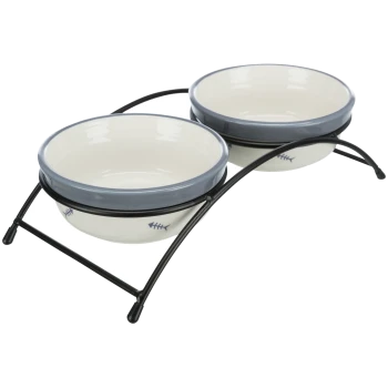 Keramisches Set aus Futter- und Wassernapf für Haustiere mit einem schwarzen Metallständer, mit einem blauen Rand und Fischgrätenmustern an den Seiten.