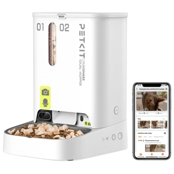 PETKIT Yumshare Dual-Hopper automatischer Futterspender für Haustiere mit Kamera und Smartphone-App, die eine Katze beim Fressen zeigt.