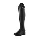 Hoher schwarzer Lederreitstiefel mit schlankem Design, mit einer Schnürung vorne und einem kleinen Schnallen-Detail oben.