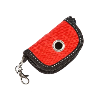 Rote Nylon-Tasche für Hundekotbeutel mit Metallösenöffnung, schwarzem Besatz, Reißverschluss und Drehclip
