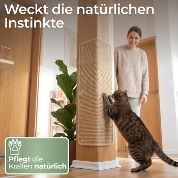 Weckt die natürlichen Instinkte — Getigerte kratzt an Sisal-Pad an Holzpfosten neben lächelnder Frau.