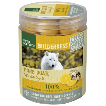 Real Nature Wilderness gefriergetrockneter Snack Pure Wachtel Eigelb 100% schonend gefriergetrocknet mit weißem Wolfbild.