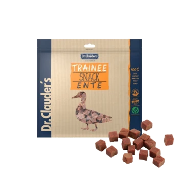 Dr. Clauder's Trainee Snack Ente Verpackung zeigt eine Entengrafik und Text, der 100% Entenzutaten hervorhebt, mit Snackwürfeln darum herum.