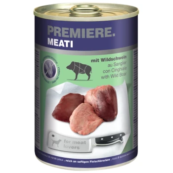 Canned pet food "Premiere. Meati" with wild boar, chunks of meat on a cutting board, and a knife labeled "for meat lovers."