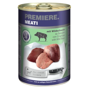 Dosen-Hundefutter "Premiere. Meati" mit Wildschwein, Fleischstücken auf einem Schneidebrett und einem Messer beschriftet "für Fleischliebhaber."