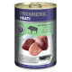 Dosen-Hundefutter "Premiere. Meati" mit Wildschwein, Fleischstücken auf einem Schneidebrett und einem Messer beschriftet "für Fleischliebhaber."