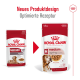 Royal Canin Hundefutter für mittelalte Hunde, Verpackung mit neuem Design in Rot und Weiß, das "140g" und "Gravy-Salsa" hervorhebt.