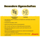 Gelbe Tierfutter-Infografik (deutsch) ‚Besondere Eigenschaften‘ mit Getreidefrei-Symbol, Protein/Fett 34/18, Josera-Logo.