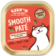 Smooth Paté de Lily's Kitchen pour chats, avec du saumon et du poulet aux crevettes, dans un emballage rouge avec une illustration de chat souriant.