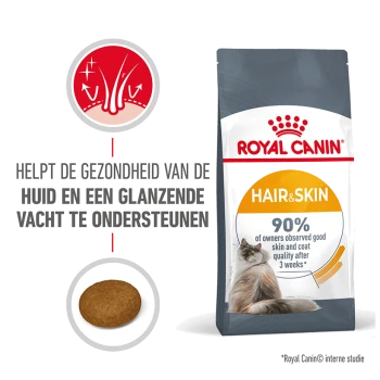 Royal Canin Hair & Skin kattenvoer zak met een kat, met tekst die aangeeft dat het de huidgezondheid en glanzende vacht ondersteunt, en 90% eigenaarstevredenheid.