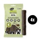 Grüne Verpackung von zahnmedizinischen Hundeleckerlis mit der Aufschrift "EAT SMALL INSECTS FOR PETS," mit vier Leckerlis aus Algen, Chicorée und Eukalyptusöl.
