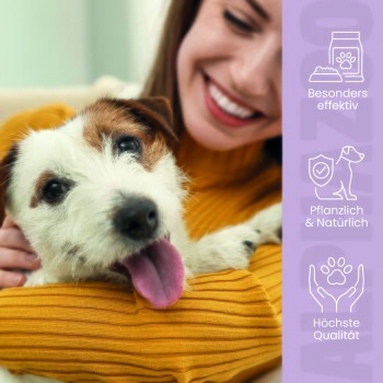 Anleitung zur Verwendung eines Haustierprodukts, mit einer Schüssel voller Tabletten und Text auf Deutsch: "So leicht geht's: Vor Gebrauch gut schütteln..."