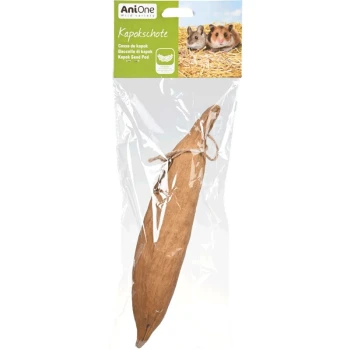 Kapok-Samenkapsel verpackt für kleine Haustiere, mit einer klaren Plastikfolie und einem Etikett mit dem Text 'AniOne Wild Variety Kapok Seed Pod.'