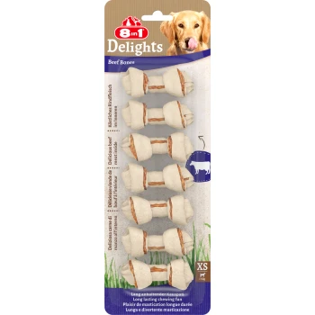 8in1 Delights Rinderknochen-Packung mit kleinen, kaubaren Leckereien für Hunde unter 5 kg, die langanhaltenden Kau-Spaß bieten.