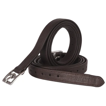 Braune Leder-Hundeleine mit einer silbernen Schnalle, ordentlich aufgerollt, mit dem eingeprägten Text "EQUINATE" am Griff.