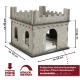 Graues Filzhaustier-Schloss mit beschrifteten Abmessungen, zwei Eingängen und einem wendbaren Kissen, das Stabilität und Höhleninstinkt betont.