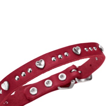 Rotes Leder-Haustierhalsband mit silbernen Herznieten und runden Nieten, Metallschnalle und Ösenlöchern