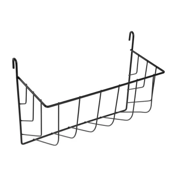 Schwarzer Metall-Haustierfutterlagerkorb mit Haken zum Aufhängen, mit rechteckiger Form und mehreren Fächern.