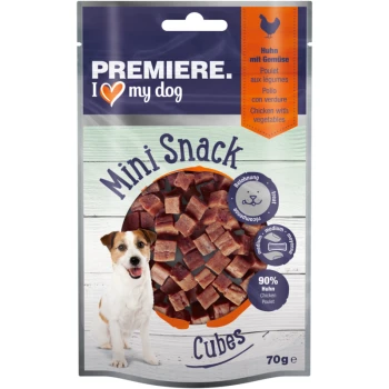 Premiere I Love My Dog Mini Snack Cubes, 70g verpakking met kleine, kubusvormige hondensnacks gemaakt van 90% kip en groenten.