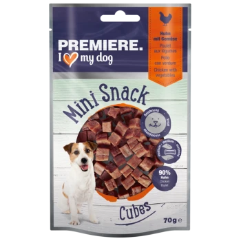 Premiere I Love My Dog Mini Snackwürfel, 70g Packung mit kleinen, würfelförmigen Hundeleckerlis, die zu 90% aus Huhn und Gemüse bestehen.