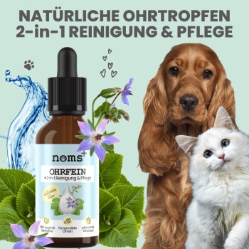 Natürliche Ohrentropfen 2-in-1 Reinigung & Pflege, mit einem braunen Hund und einer weißen Katze, mit hervorgehobenen Inhaltsstoffen auf der Flasche.