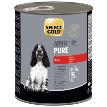 Select Gold Adult Pure Hundefutterdose mit Rindfleischgeschmack, 70 % tierisches Protein, getreidefreie Formel, 800 g, mit Bild eines schwarz-weißen Hundes.