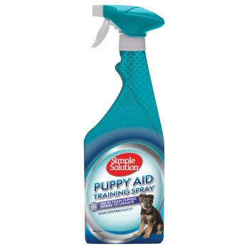 Butelka sprayu treningowego Simple Solution Puppy Aid, zaprojektowana, aby pomóc w szkoleniu szczeniąt, gdzie załatwiać potrzeby, z obrazkiem szczeniaka.