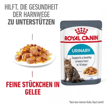FCN Urinary Care Jelly 12x85 g Royal Canin Urinary Katzenfutterbeutel, mit einem Teller feiner Stücke in Gelee, mit Text, der besagt, dass es die Harnwegsgesundheit in 10 Tagen unterstützt.