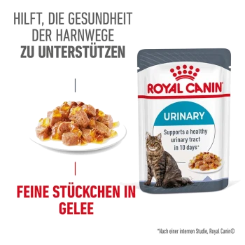 Royal Canin Urinary Katzenfutterbeutel, mit einem Teller feiner Stücke in Gelee, mit Text, der besagt, dass es die Harnwegsgesundheit in 10 Tagen unterstützt.