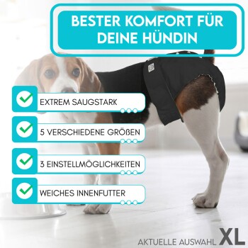 Beagle in einem schwarzen Mantel mit dem Text: "Bester Komfort für Ihren Hund", "Hochabsorbierend", "5 Größen", "3 Anpassungen", "Weiche Fütterung."