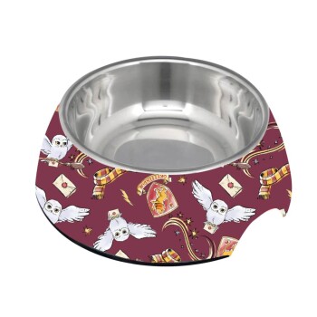 Stainless steel pet bowl with maroon base featuring white owls, letters, scarves, and Gryffindor crest designs.