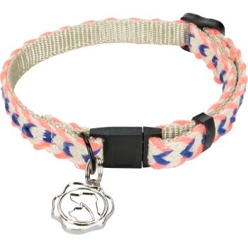 Cat Collar Royal Cotton blue/pink A colorful braided pet collar featuring pink, blue, and beige strands, with a black plastic buckle and a silver charm shaped like a paw.