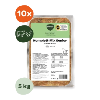Barfer's Complete Komplett‑Mix Senior Rind & Huhn 500 g Futterschale, '10x' Abzeichen, Rind‑ und Hühner‑Symbole, Kreis mit '5 kg'.