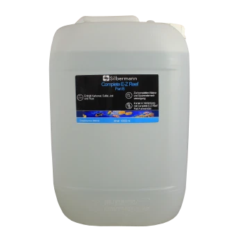 Ein großer, klarer Kunststoffbehälter mit der Aufschrift 'Complete E-Z Reef Part B' von Silbermann, der 10.000 ml Flüssigkeit für den Aquariengebrauch enthält.