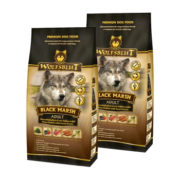 Premium-Hundfutterbeutel mit der Aufschrift "WOLFSBLUT BLACK MARSH ADULT", die das Gesicht eines Wolfes zeigt, mit Zutaten wie Wasserbüffel und Süßkartoffel.