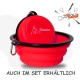 Rote zusammenklappbare Haustierschüssel mit einem schwarzen Rand, mit dem Logo 'Petsation' und dem Text 'AUCH IM SET ERHÄLTLICH'.