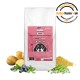 2 kg Beutel 'eat SMALL Insects for Pets JUNIOR' Hundefutter mit pinkem Etikett und Hundegesicht, umgeben von Kartoffeln, Heidelbeeren und Erbsen.