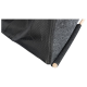 Schwarze und graue Tragetasche für Haustiere mit einem perforierten Design und Holzunterstützung, schräger Blick, der die untere Kante und den Griff zeigt.