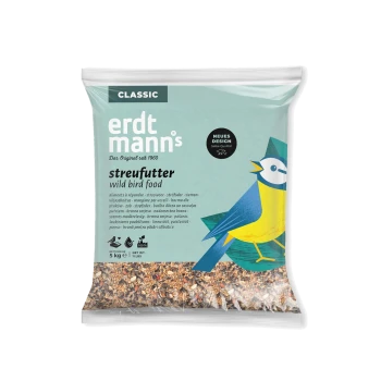 Erdtmann's Classic Wildvogelfutter-Sack, 5 kg, mit bunter Vogelillustration und mehrsprachigem Text.