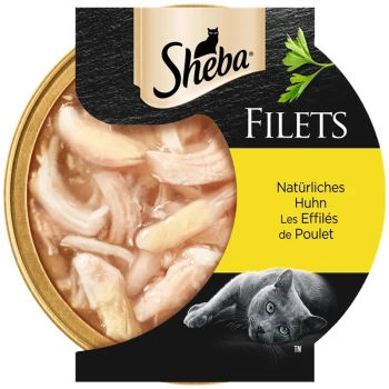 Filets kip 16x60 g Sheba kattenvoerblik met gescheurde kipfilets, gelabeld in het Duits en Frans als 'Natürliches Huhn' en 'Les Effilés de Poulet.'