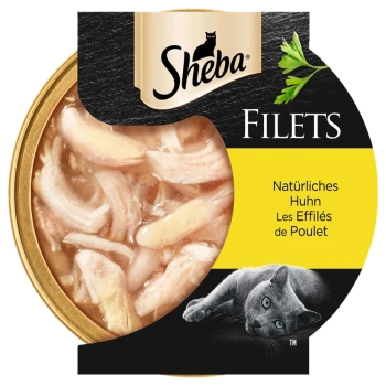 Sheba Katzenfutterdose mit zerrissenen Hühnerfilets, gekennzeichnet auf Deutsch und Französisch als 'Natürliches Huhn' und 'Les Effilés de Poulet.'