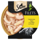 Sheba Katzenfutterdose mit zerrissenen Hühnerfilets, gekennzeichnet auf Deutsch und Französisch als 'Natürliches Huhn' und 'Les Effilés de Poulet.'