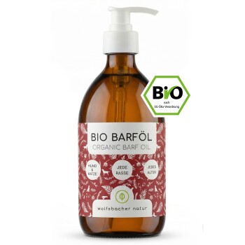 Braune Flasche mit BIO Barföl und Pumpenspender, beschriftet mit "100% natürlich und kaltgepresst", geeignet für alle Hunderassen und Altersgruppen.