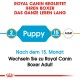 Royal Canin Leitfaden für Boxerhunde, der "Welpe" für 2 Monate und "Erwachsener" nach 15 Monaten angibt, mit einer Übergangsempfehlung.