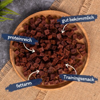 Eine Holzschüssel hält quadratische Haustierleckerlis mit den Aufschriften "hoch in Protein", "gut verträglich", "fettarm" und "Trainingssnack."