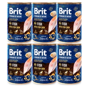 Sześć puszek karmy dla zwierząt Brit oznaczonych "Ryba z rybą skórą" na niebieskim tle, z obrazkami ryb i napisem "odpowiednia dla wszystkich ras."