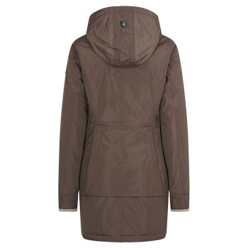 Braune wasserdichte Jacke mit Kapuze, mit einer Rückansicht und einer großen Tasche auf der Taille.