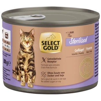 Select Gold Sterilised Katzenfutterdose mit Lasche, mit einem getigerten Kater und Text über getreidefreies Geflügel-Pâté.
