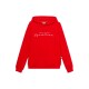 Rote Kapuzenjacke mit dem weißen Text "TOMMY HILFIGER Equestrian", mit klassischem Design und einer vorderen Kängurutasche.